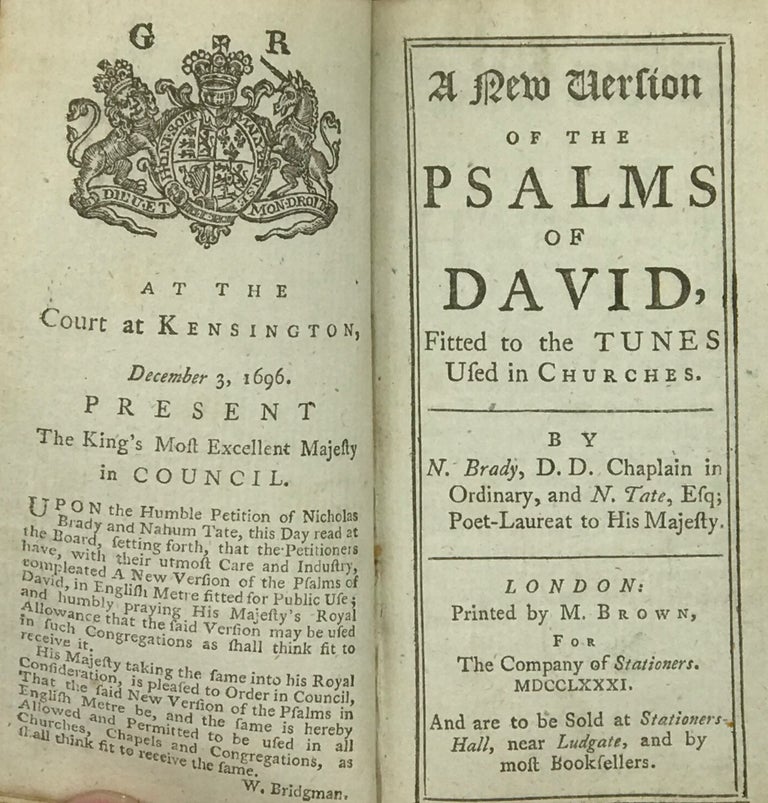 Item #66613 A NEW VERSION OF THE PSALMS OF DAVID, FITTED TO THE TUNES USED IN CHURCHES. Brady, Tate, icholas, ahum.