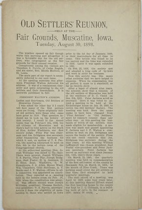 Item #66662 OLD SETTLERS' REUNION, HELD AT THE FAIR GROUNDS, MUSCATINE, IOWA, Tuesday, August 30,...