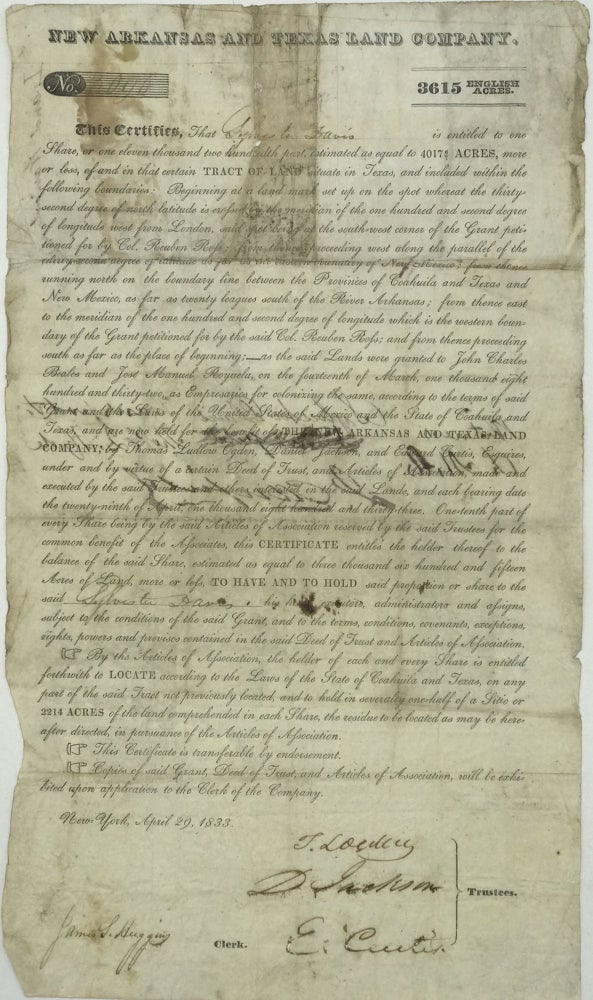 Item #66702 NEW ARKANSAS AND TEXAS LAND COMPANY [caption title for an engraved form of certificate of ownership of land in the company’s grants, the boundaries of which are described; cf. Streeter 1118 for a similar 1831 certificate].