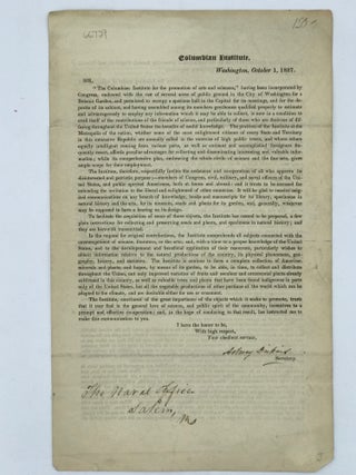 Item #66729 THE COLUMBIAN INSTITUTE, WASHINGTON, OCTOBER 1, 1827.... FOR THE PROMOTION OF ARTS...