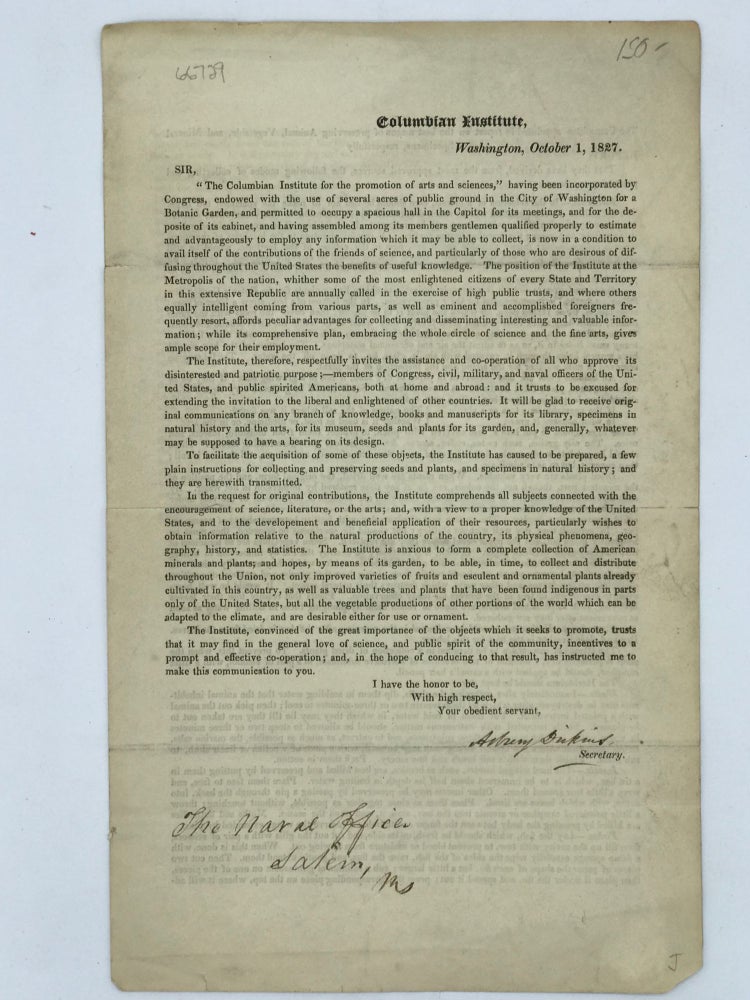 Item #66729 THE COLUMBIAN INSTITUTE, WASHINGTON, OCTOBER 1, 1827.... FOR THE PROMOTION OF ARTS AND SCIENCES. Circular.