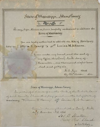 Item #66747 HAND LETTERED MARRIAGE LICENSE FOR WILLIAM K. HENRY AND LOUISA M. ATKINSON, ADAMS...