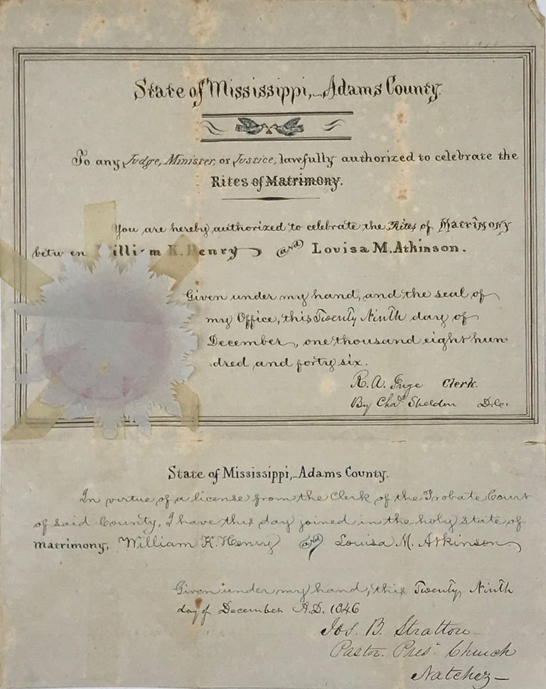 Item #66747 HAND LETTERED MARRIAGE LICENSE FOR WILLIAM K. HENRY AND LOUISA M. ATKINSON, ADAMS COUNTY, STATE OF MISSISSIPPI, DECEMBER 29, 1846.
