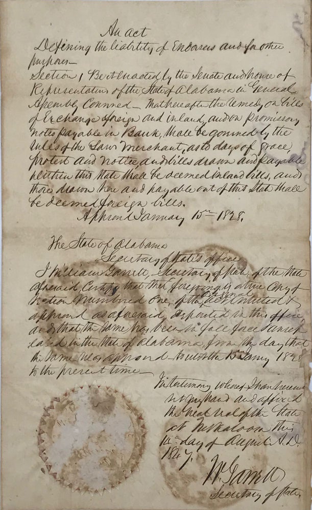 Item #66837 1847 manuscript copy of an 1828 law, certified with an attached, partly printed document, “Executive Department,