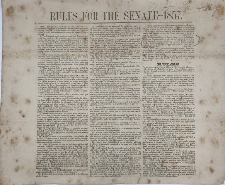 Item #66860 Rules for the Senate – 1857 [caption title, followed by 43 numbered rules in the three columns and a sub-section of Rules for that affect interaction between both houses of the legislature, in 11 numbered sections filling out the third column]