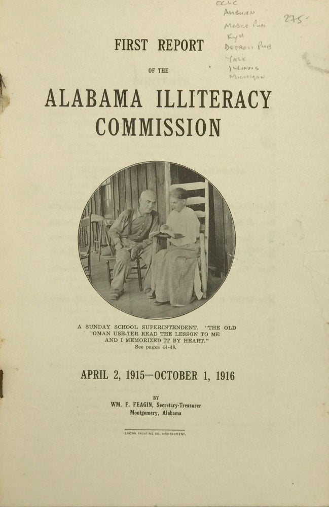 Item #66862 First Report of the Alabama Illiteracy Commission, April 2, 1915 – October 1, 1916. William F. FEAGIN.
