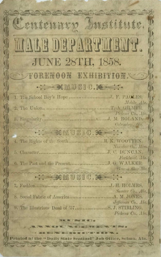 Item #66890 Centenary Institute. / Male Department. / June 28th, 1858. / Forenoon Exhibition. / [followed by the program, a list of student speakers, with their topics]