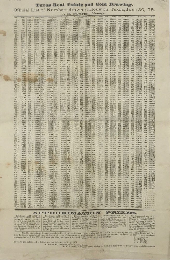 Item #67076 TEXAS REAL ESTATE AND GOLD DRAWING. / OFFICIAL LIST OF NUMBERS DRAWN AT HOUSTON, TEXAS, JUNE 30, '75. / J.E. FOSTER, MANAGER