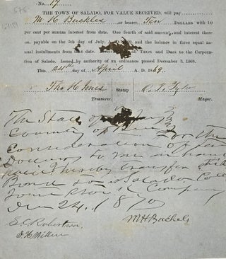Item #67119 THE TOWN OF SALADO AGREES TO PAY M.H. BUCKLES TEN DOLLARS PLUS INTEREST, FOR VALUE...