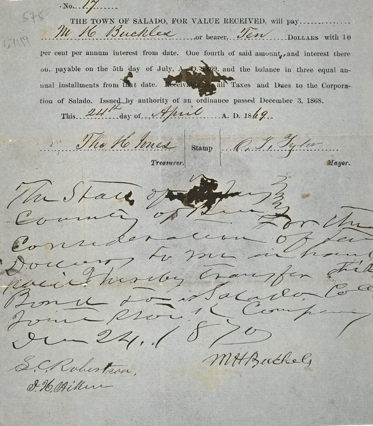 Item #67119 THE TOWN OF SALADO AGREES TO PAY M.H. BUCKLES TEN DOLLARS PLUS INTEREST, FOR VALUE RECEIVED, IN A NOTE SIGNED BY O.T. TYLER, MAYOR, AND THOS. H. JONES, TREASURER, DATED APRIL 24, 1869. Salado College.