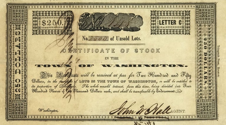 Item #67122 CERTIFICATE OF STOCK IN THE TOWN OF WASHINGTON. [caption title]