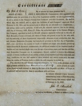 Item #67125 CERTIFYING THE RIGHTS OF THE GERMAN EMIGRATION COMPANY AND THEIR COLONISTS TO LANDS...