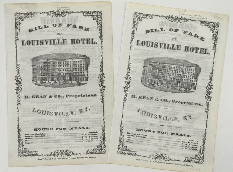 Item #67186 BILL OF FARE OF LOUISVILLE HOTEL, M. Kean & Co., Proprietors, Louisville, Ky. [cover title].
