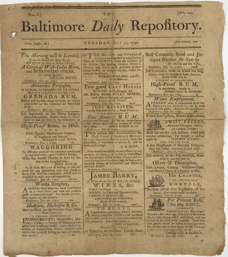 Item #67206 THE BALTIMORE DAILY REPOSITORY [caption title]