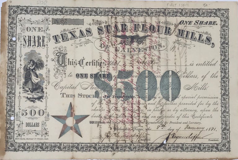 Item #67269 ONE SHARE, TEXAS STAR FLOUR MILLS, OF GALVESTON [caption title]. Stock certificate.