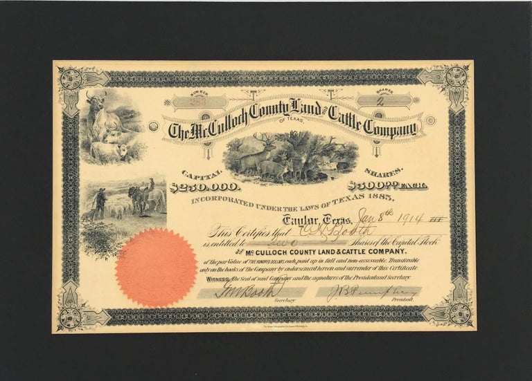 Item #67283 THE McCULLOCH COUNTY LAND AND CATTLE COMPANY. INCORPORATED UNDER THE LAWS OF TEXAS 1885. CERTIFICATE FOR TWO SHARES OF STOCK, TAYLOR, TEXAS, JAN. 8th, 1914.