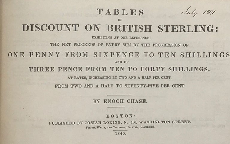 Item #67333 TABLES OF DISCOUNT ON BRITISH STERLING: Exhibiting at One Reference the Net Proceeds of Every Sum by the Progession of One Penny from Sixpence to Ten Shillings, Enoch CHASE.