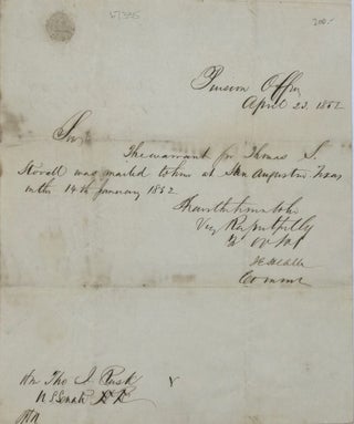 Item #67335 NOTING THAT THE WARRANT FOR THOMAS S. STOVALL WAS MAILED TO HIM IN JANUARY 1852, IN A...