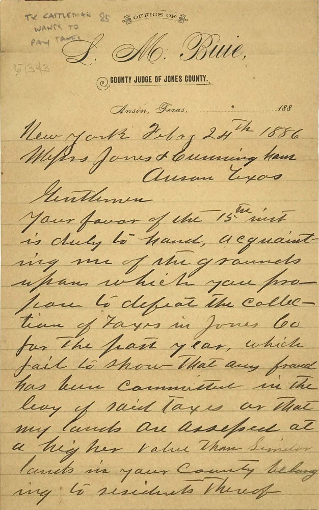 Item #67343 STATING HIS WILLINGNESS TO PAY THE COUNTY TAXES DUE ON HIS LANDS, IN AN AUTOGRAPH LETTER, SIGNED BY S.M. SWENSON, NEW YORK, FEBRUARY 24, 1886. Swante Magnus SWENSON.
