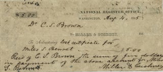 Item #67346 RECEIPT FOR AN ADVERTISEMENT PLACED FOR MILES S. BENNET FOR A LOST CERTIFICATE,...