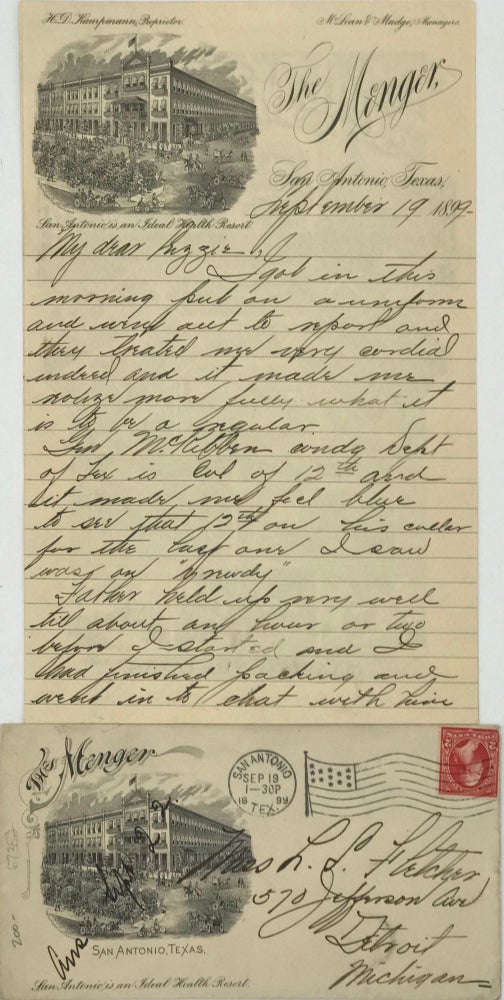 Item #67352 A SOLDIER HEADED TO THE PHILIPPINES WRITES TO HIS FRIEND IN DETROIT FROM SAN ANTONIO, TEXAS, SEPTEMBER 19, 1899. Philippine War.
