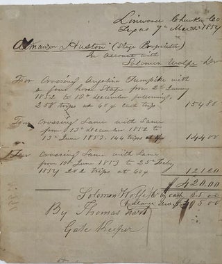 Item #67368 INVOICE FROM SOLOMON WOLFE TO ALMANZON HUSTON, STAGE PROPRIETOR, FOR USE OF THE...