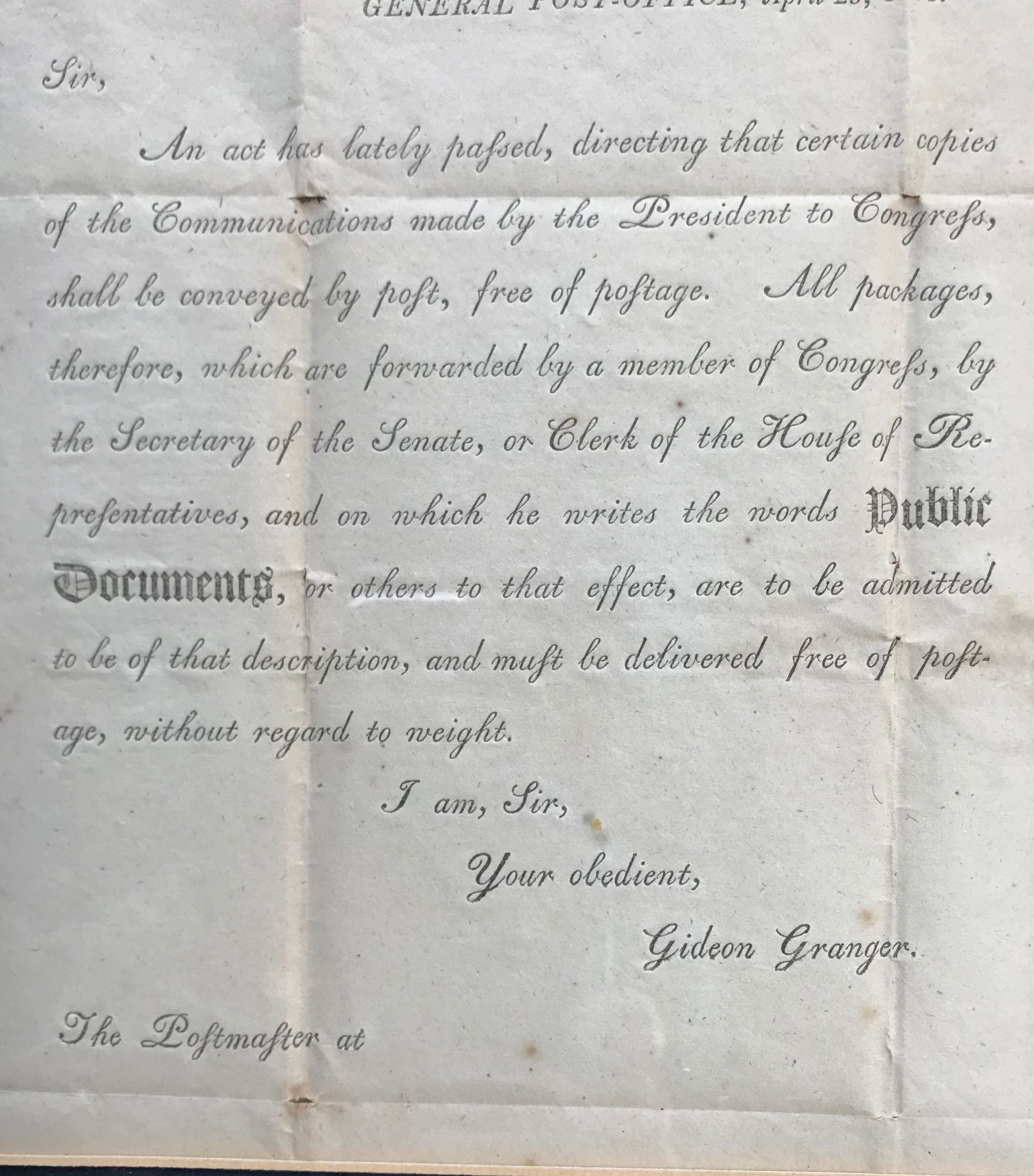 GENERAL POST-OFFICE, April 25, 1808 | Gideon GRANGER