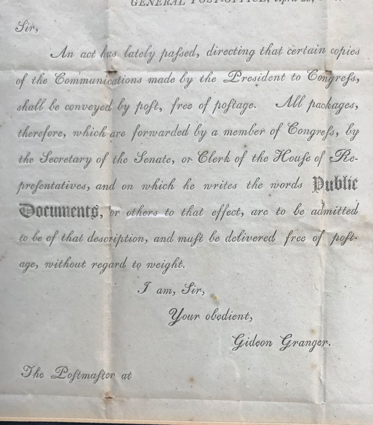Item #67378 GENERAL POST-OFFICE, April 25, 1808. Gideon GRANGER.