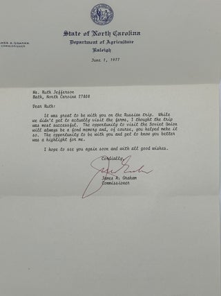 Item #67425 Short typed note on N.C. Dept. of Agriculture letterhead to a resident of Bath,...