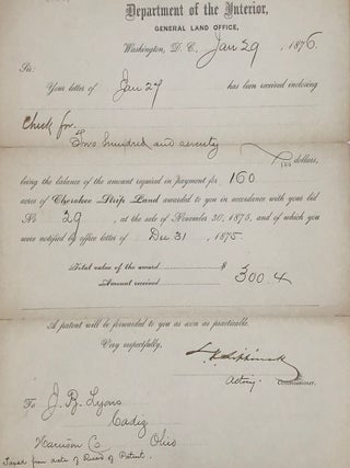 Item #67527 ACKNOWLEDGING PAYMENT OF BALANCE DUE FOR 160 ACRES OF CHEROKEE STRIP LAND AWARDED IN...