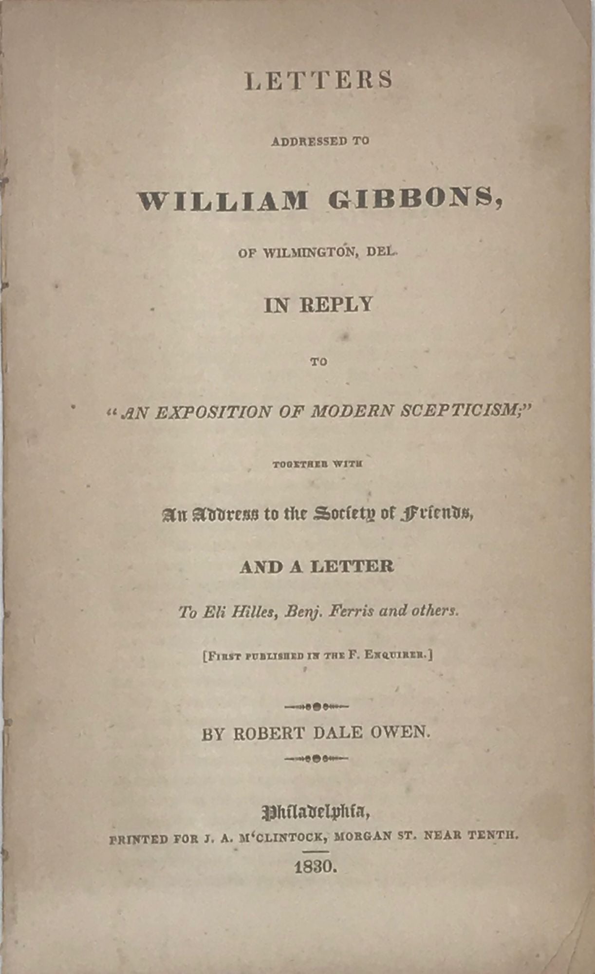 LETTERS ADDRESSED TO WILLIAM GIBBONS, Of Wilmington, Del. In Reply To ...