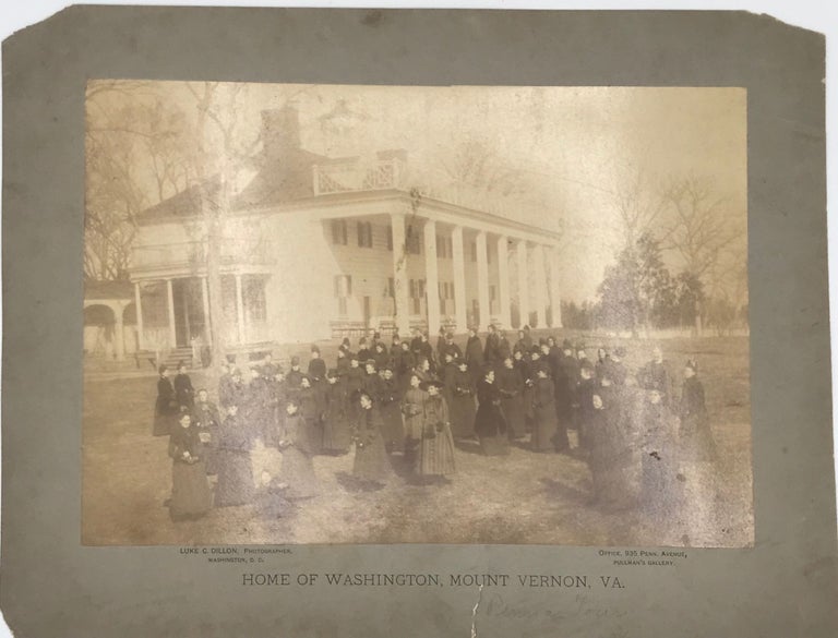 Item #67641 "HOME OF WASHINGTON, MOUNT VERNON, VA." [caption title]; Large Cabinet Card of Exterior Showing Tour Group. "Friend's Excursion...1st Mo. 1889".
