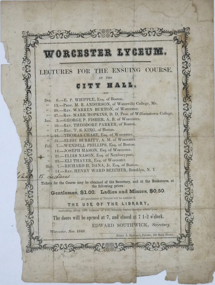 Item #67644 WORCESTER LYCEUM. LECTURES FOR THE ENSUING COURSE, AT THE CITY HALL [Caption title]