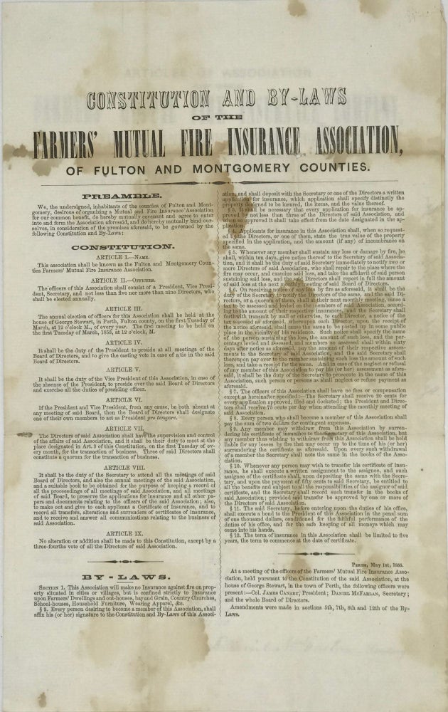 Item #67646 CONSTITUTION AND BY-LAWS OF THE FARMERS' MUTUAL FIRE INSURANCE ASSOCIATION, OF FULTON AND MONTGOMERY COUNTIES [NY] [and] Articles of Association of the Farmers' Mutual Fire Insurance Company....