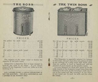 CATALOGUE AND PRICE LIST. BOSS CREAM SEPARATORS. Manufactured by Bluffton Cream Separator Co. Bluffton, Ohio. U. S. A. [cover title]