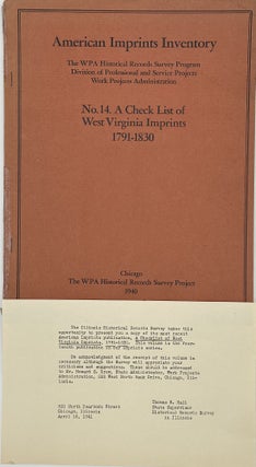 Item #67671 AMERICAN IMPRINTS INVENTORY: No. 14, A Check List of West Virginia Imprints,...