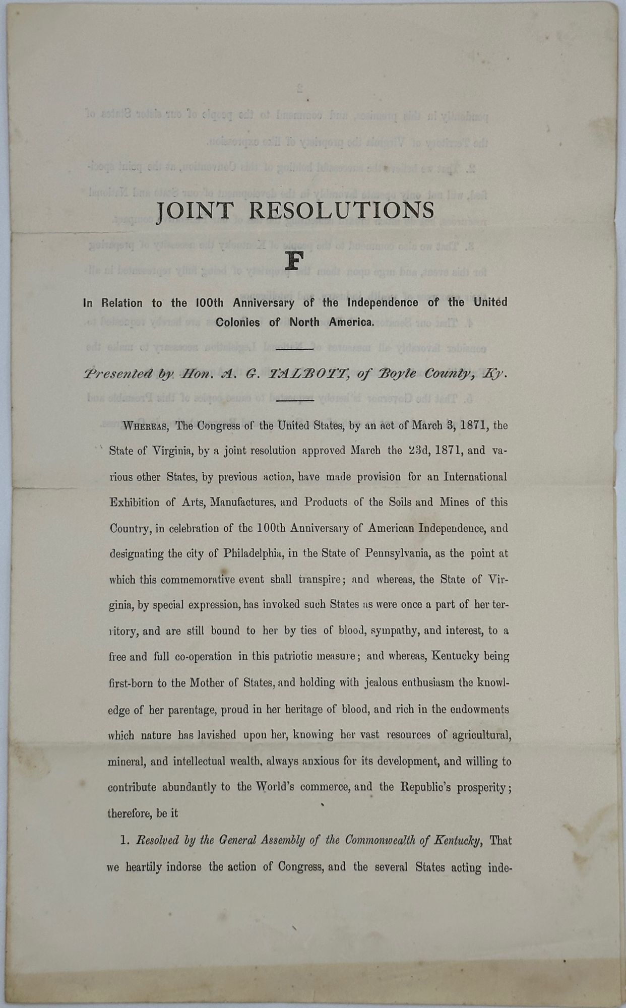 JOINT RESOLUTIONS / F / IN RELATION TO THE 100TH ANNIVERSARY OF THE ...