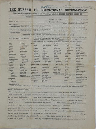 Item #67723 REGISTRATION FORM FOR HELP IN FINDING EMPLOYMENT AS A TEACHER, a partly printed form,...