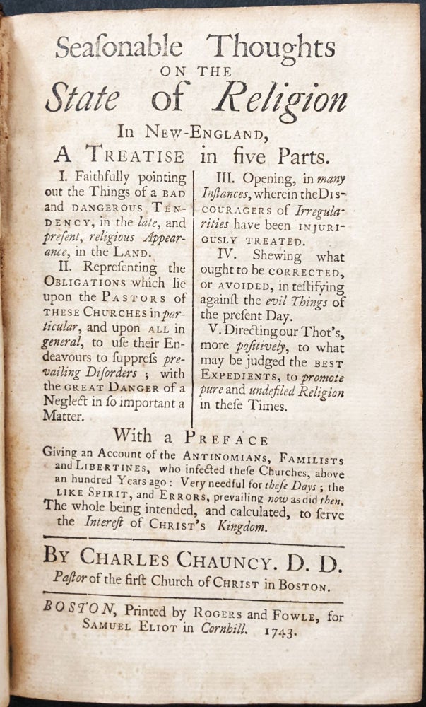 Item #67853 SEASONAL THOUGHTS ON THE STATE OF RELIGION IN NEW ENGLAND. A Treatise in Five Parts. Charles CHAUNCY.