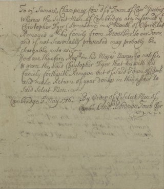 Item #67957 Instructing Cambridge Constable Samuel Champney that Christopher Dyer and his family...