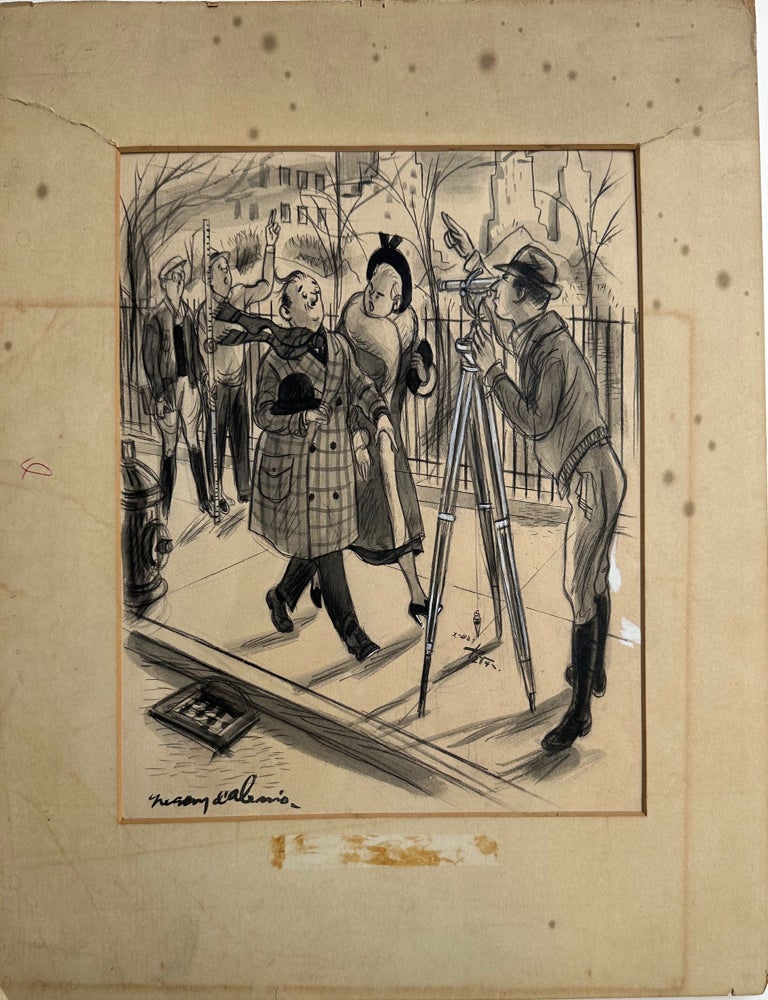 Item #68157 Oblivious Couple Walking into a sidewalk surveyor and his tripod [title supplied]. Gregory D'alessio, ca.