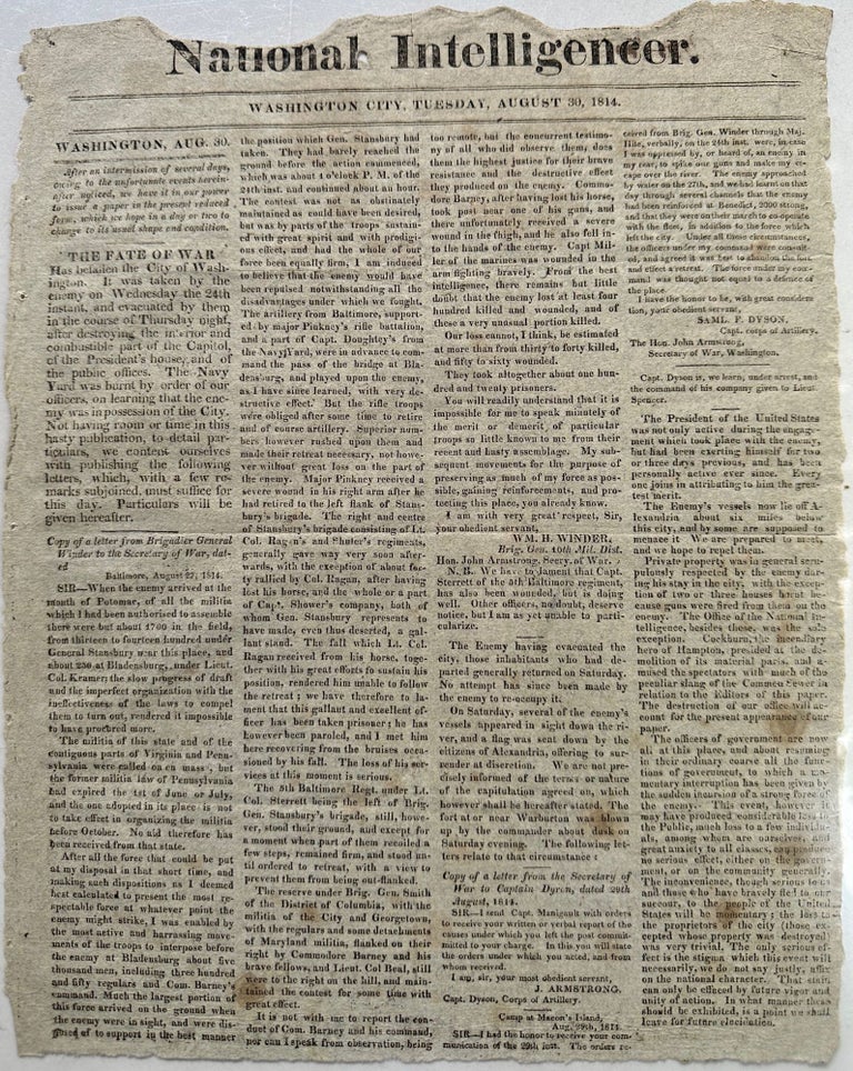 Item #68176 NATIONAL INTELLIGENCER. BURNING OF WASHINGTON, War of 1812, Newspaper.