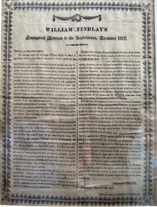 Item #68317 WILLIAM FINDLAY'S INAUGURAL ADDRESS TO THE LEGISLATURE, DECEMBER 1817. William FINDLAY