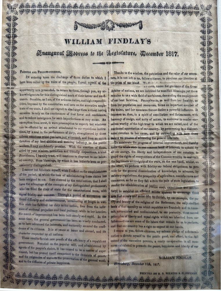 Item #68317 WILLIAM FINDLAY'S INAUGURAL ADDRESS TO THE LEGISLATURE, DECEMBER 1817. William FINDLAY.