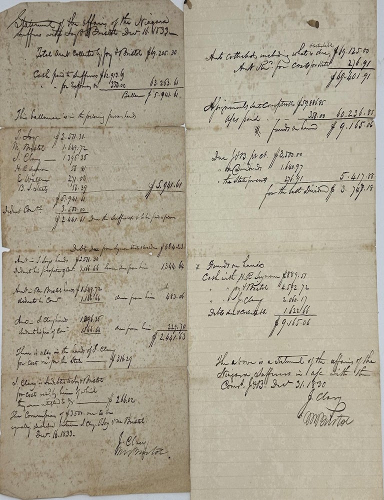 Item #69781 ACCOUNTS OF COMPENSATION COLLECTED BY THE COMMISSIONERS JOY & BRISTOL OF THE STATE OF NEW YORK AND PAID TO THE NIAGARA SUFFERERS RELATED TO THEIR PROPERTY LOSSES DURING THE BURNING OF BUFFALO IN THE WAR OF 1812. Thaddeus Joy, Moses Bristol.