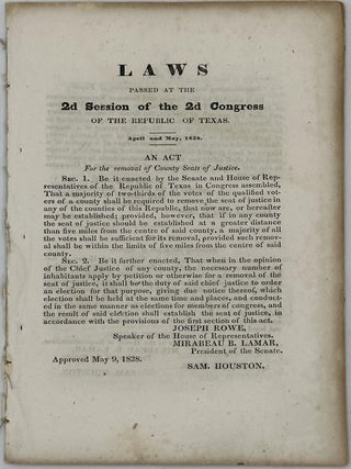 LAWS PASSED AT THE 2d Session of the 2d Congress of the Republic of Texas. April and May, 1838