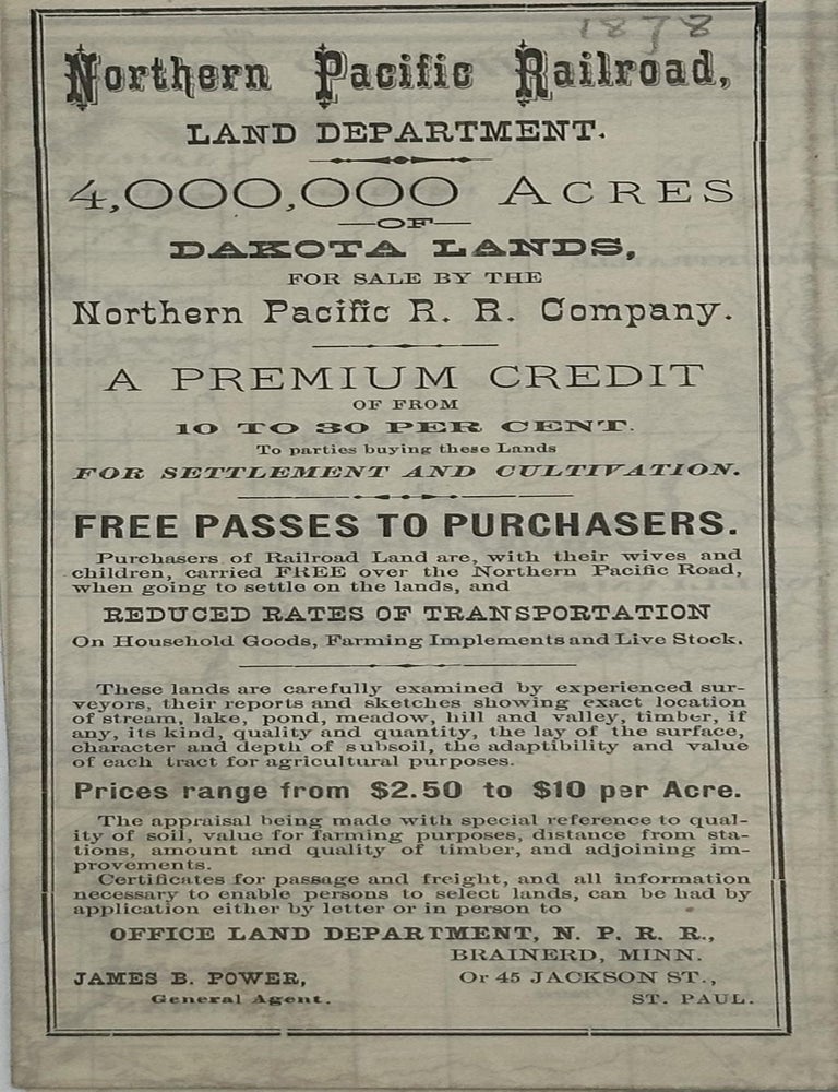 Item #70493 NORTHERN PACIFIC RAILROAD, LAND DEPARTMENT. 4,000,000 ACRES OF DAKOTA LANDS, FOR SALE BY THE NORTHERN PACIFIC R.R. COMPANY....