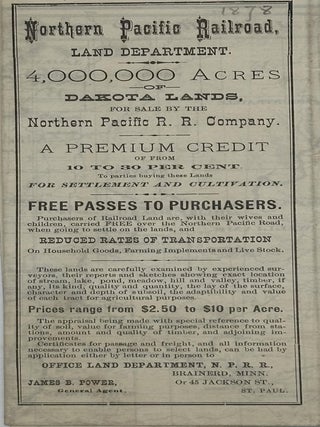 NORTHERN PACIFIC RAILROAD, LAND DEPARTMENT. 4,000,000 ACRES OF DAKOTA LANDS, FOR SALE BY THE...