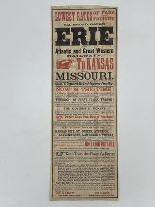 Item #70532 LOWEST RATES OF FARE AND FREIGHT VIA BROAD GAUGE ERIE AND ATLANTIC AND GREAT WESTERN...