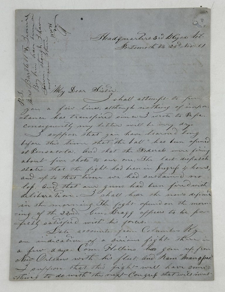 Item #70903 INFORMING HIS SISTER OF EVENTS AT PORTSMOUTH, VIRGINIA IN NOVEMBER 1861, FROM HIS POSITION AS A CLERK TO GEN. A.G. BLANCHARD, HEADQUARTERS, 3rd BRIGADE VOL. W. W Holland.